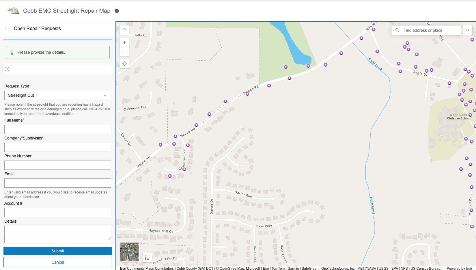 An image of the streetlight repair map with purple icons