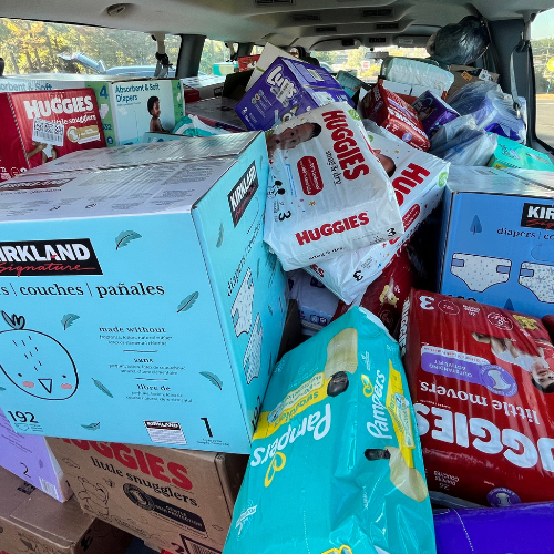 Diapers piled in a van